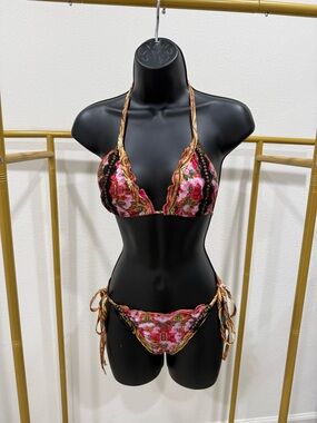 Mar de Rosas Floral Beaded Bikini Set Medium Designer Swim